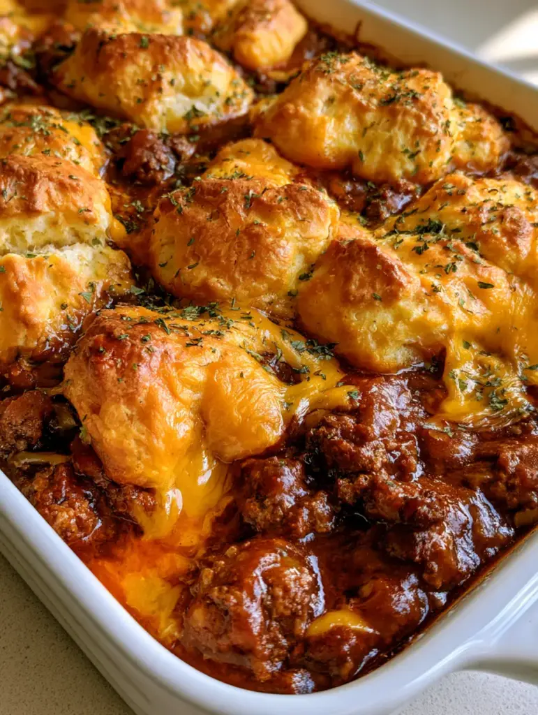 High-angle shot of a Sloppy Joe Biscuit Casserole with thick reddish sauce and flaky biscuit topping.