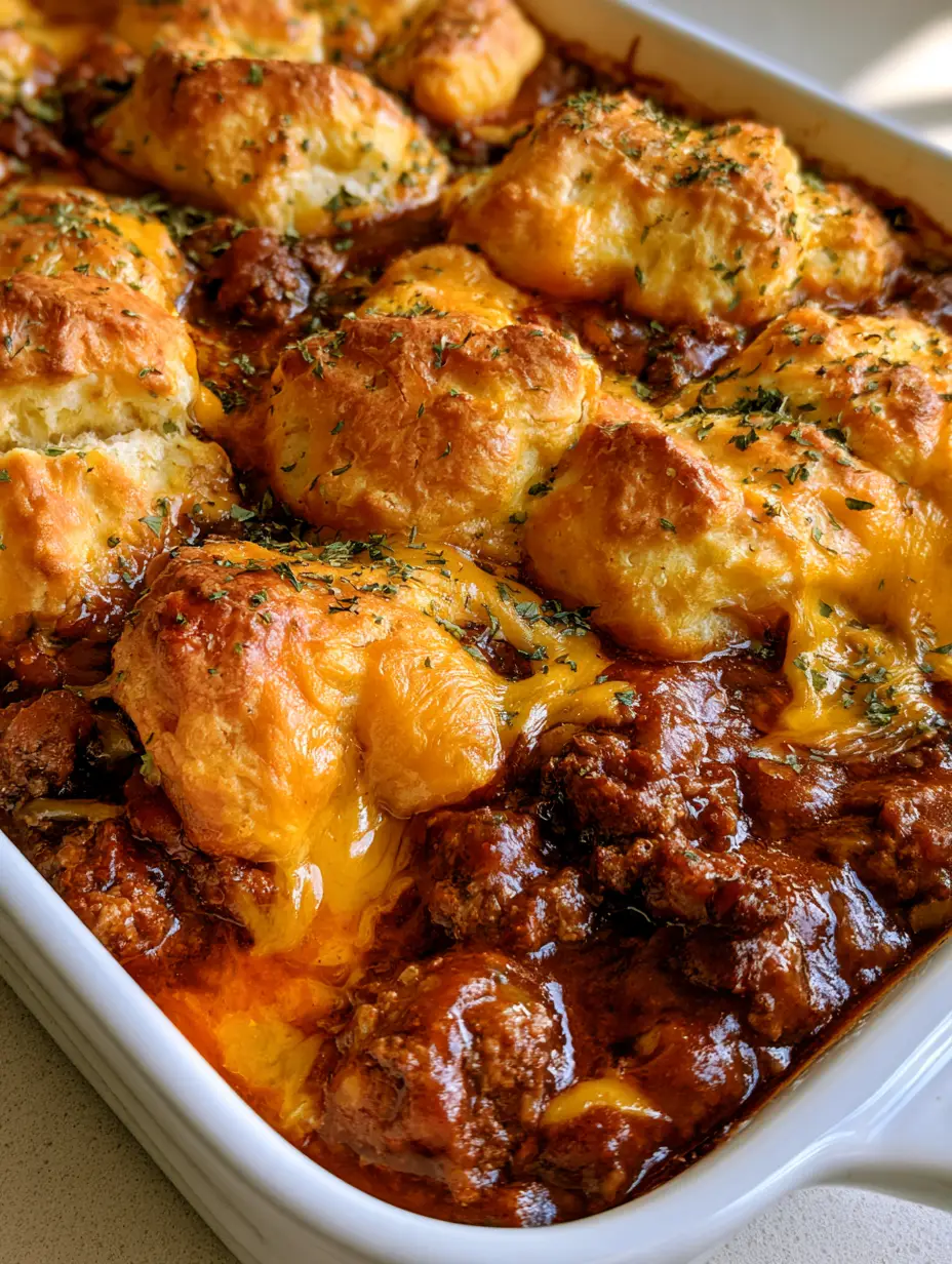 Sloppy Joe Biscuit Casserole: The Ultimate 30-Minute Family Dinner 3 High-angle shot of a Sloppy Joe Biscuit Casserole with thick reddish sauce and flaky biscuit topping.
