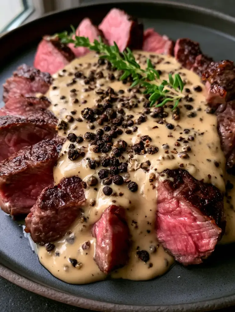 Creamy Peppercorn Sauce: The Ultimate Steakhouse Secret at Home 1 Sliced steak with dark brown crust and pink interior covered in Creamy Peppercorn Sauce and fresh thyme.