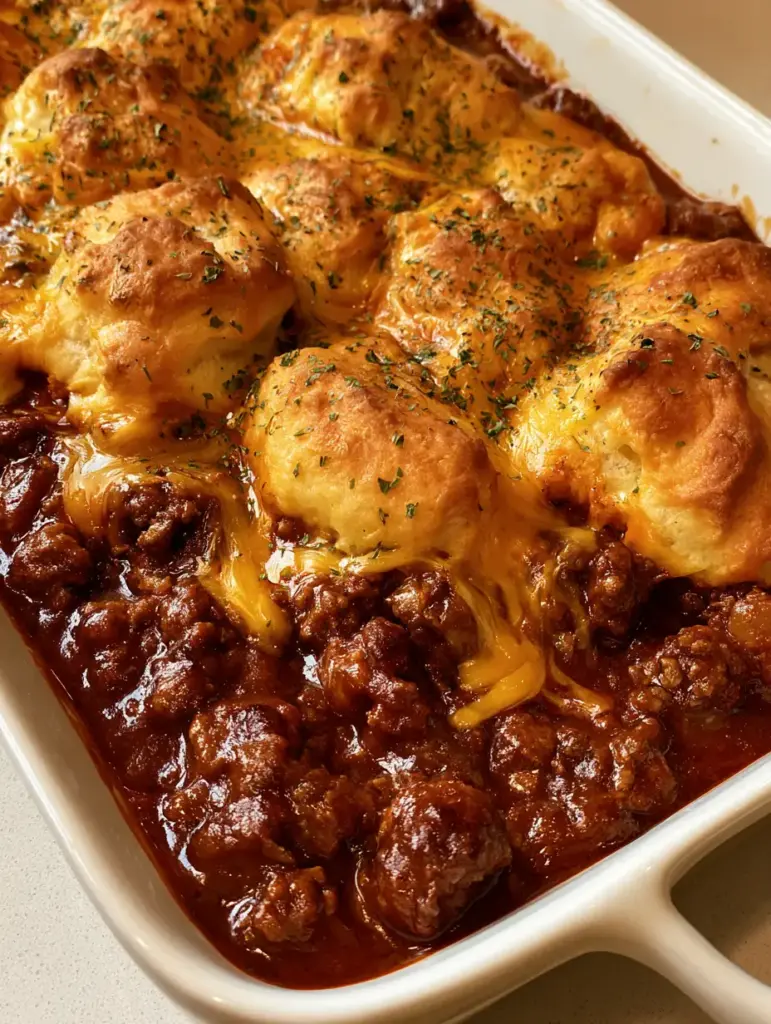 Sloppy Joe Biscuit Casserole: The Ultimate 30-Minute Family Dinner 1 Close-up of melted cheddar cheese draped over browned ground beef in a Sloppy Joe Biscuit Casserole.