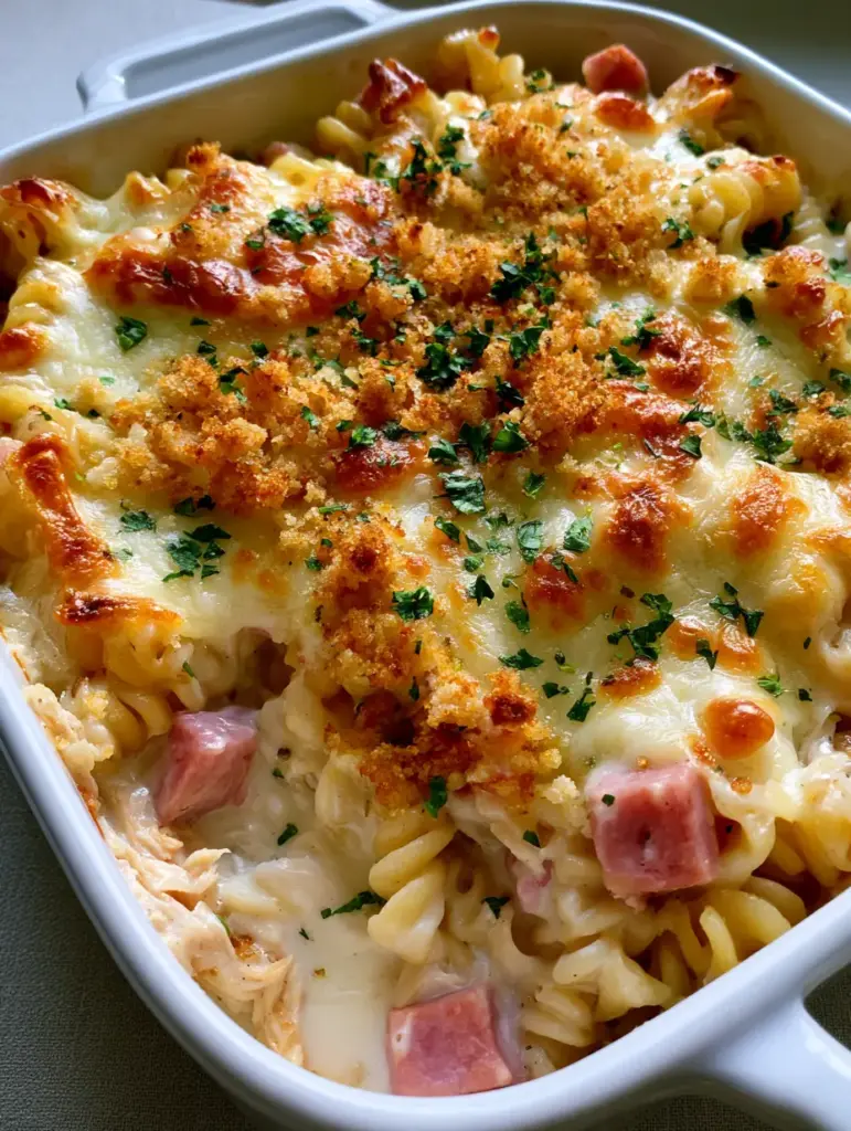 Chicken Cordon Bleu Casserole: The Ultimate Creamy Pasta Bake 1 Bird's eye view of the Chicken Cordon Bleu Casserole in a white ceramic dish with fresh parsley garnish.