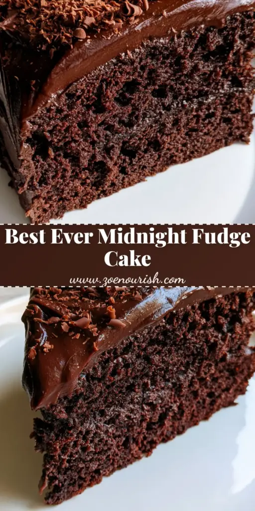 Midnight Chocolate Fudge Cake: The Ultimate Moist Dark Chocolate Sponge 4 A close-up vertical shot of a Midnight Chocolate Fudge Cake slice with glossy dark chocolate fudge frosting and chocolate curls.