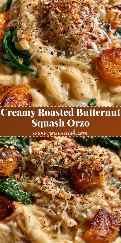 Creamy Butternut Squash Orzo with Roasted Sage and Parmesan 4 A top-down view of Creamy Butternut Squash Orzo in a rustic bowl, featuring charred squash cubes, wilted spinach, and a sprinkle of red pepper flakes.