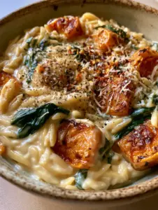Close-up handheld photo of glossy Creamy Butternut Squash Orzo showing the texture of the pale cream sauce and roasted vegetables.