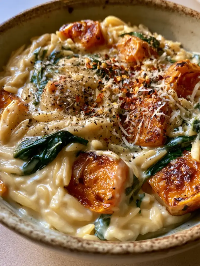 Close-up handheld photo of glossy Creamy Butternut Squash Orzo showing the texture of the pale cream sauce and roasted vegetables.