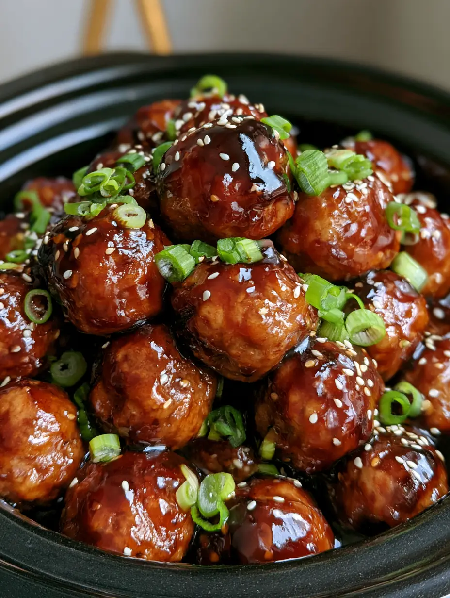 Slow Cooker Teriyaki Meatballs with a Thick Glossy Glaze 3 Close up smartphone photo of meatballs in a slow cooker with a dark syrupy glaze and heavy sesame seed garnish. (Slow Cooker Teriyaki Meatballs)