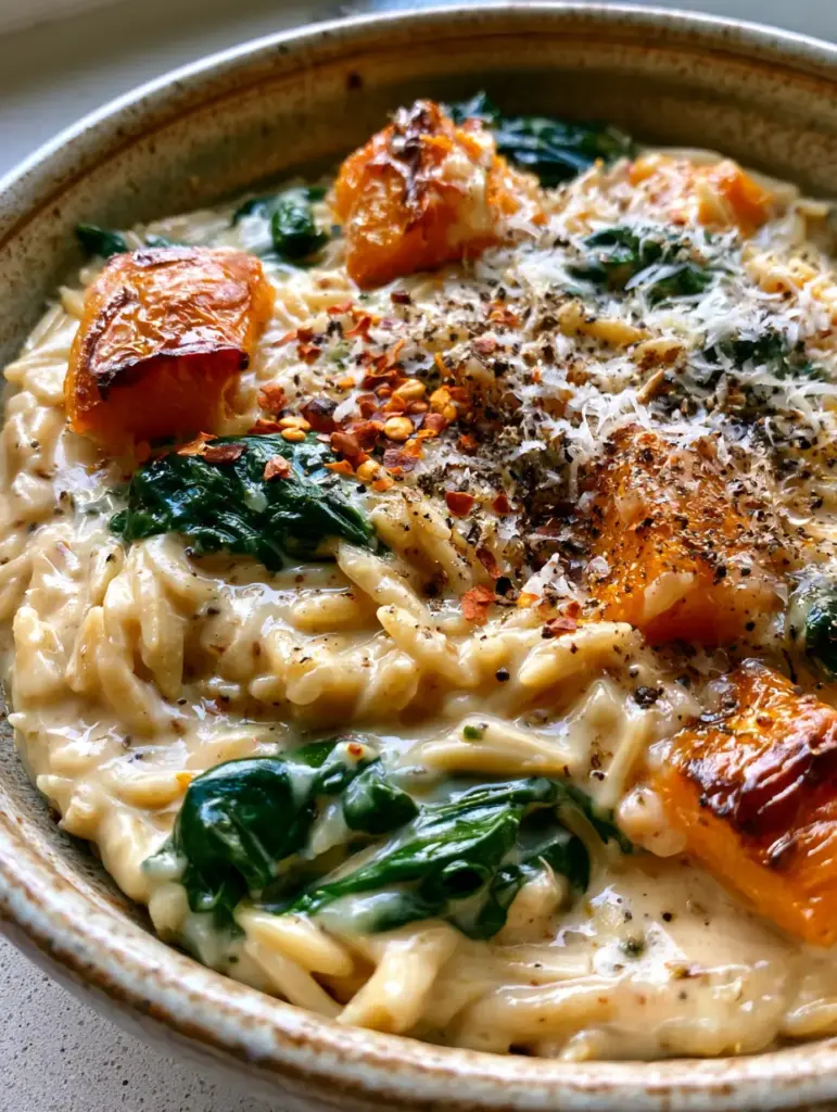 Creamy Butternut Squash Orzo with Roasted Sage and Parmesan 1 Creamy Butternut Squash Orzo served in a rustic ceramic bowl with visible caramelized squash and fresh parmesan shavings.
