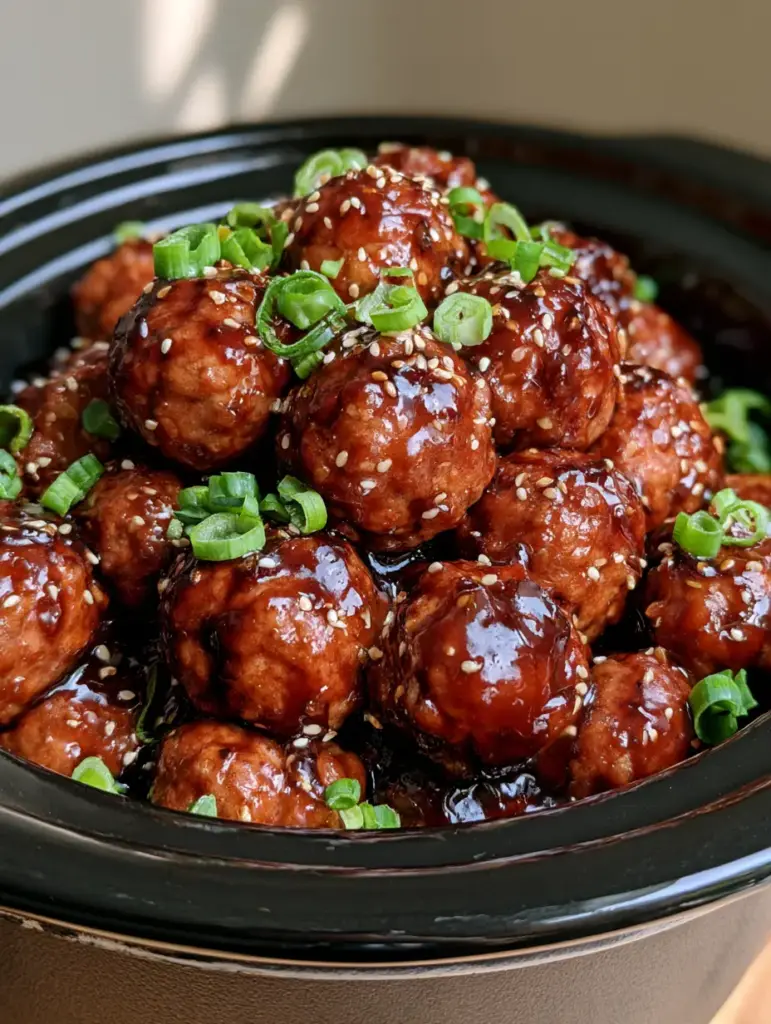 Slow Cooker Teriyaki Meatballs with a Thick Glossy Glaze 1 A pile of teriyaki meatballs in a black slow cooker bowl showing the syrupy sheen and green onion garnish.