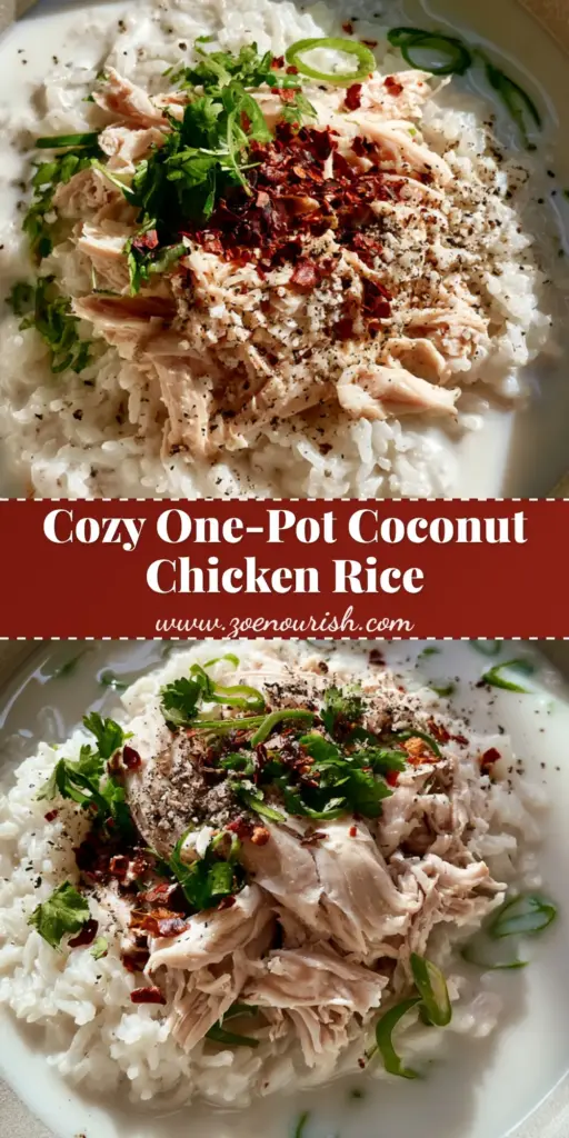 Coconut Chicken Brothy Rice: The Ultimate Creamy Comfort Bowl 3 A top-down photo of Coconut Chicken Brothy Rice in a matte stone bowl featuring creamy white broth, fluffy rice, and shredded chicken topped with chili flakes and cilantro.