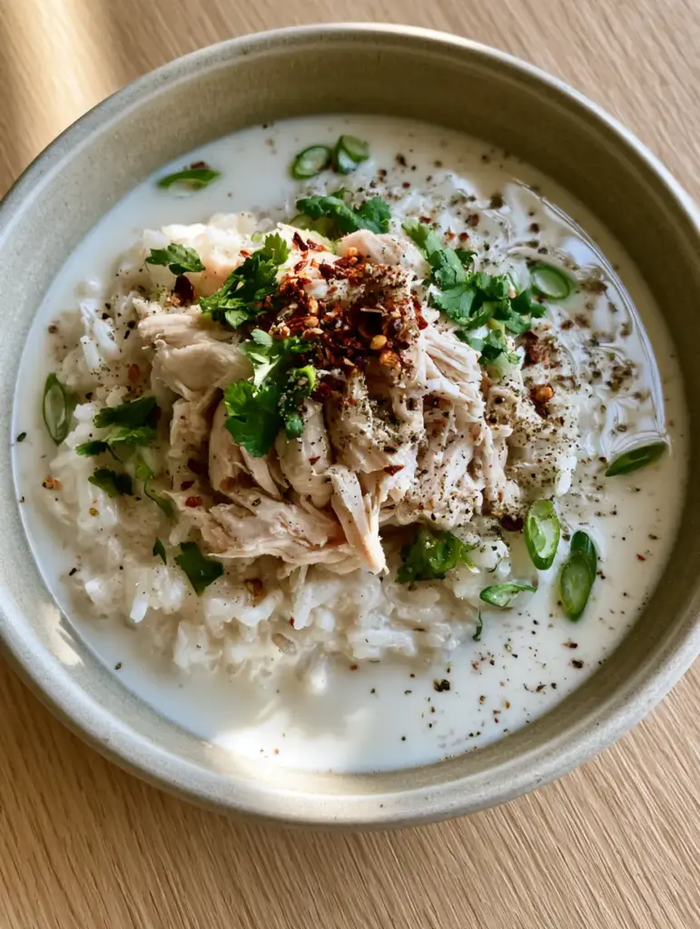 Coconut Chicken Brothy Rice: The Ultimate Creamy Comfort Bowl 2 Close up overhead shot of fluffy white rice submerged in creamy coconut broth with shredded poached chicken. (Coconut Chicken Brothy Rice)