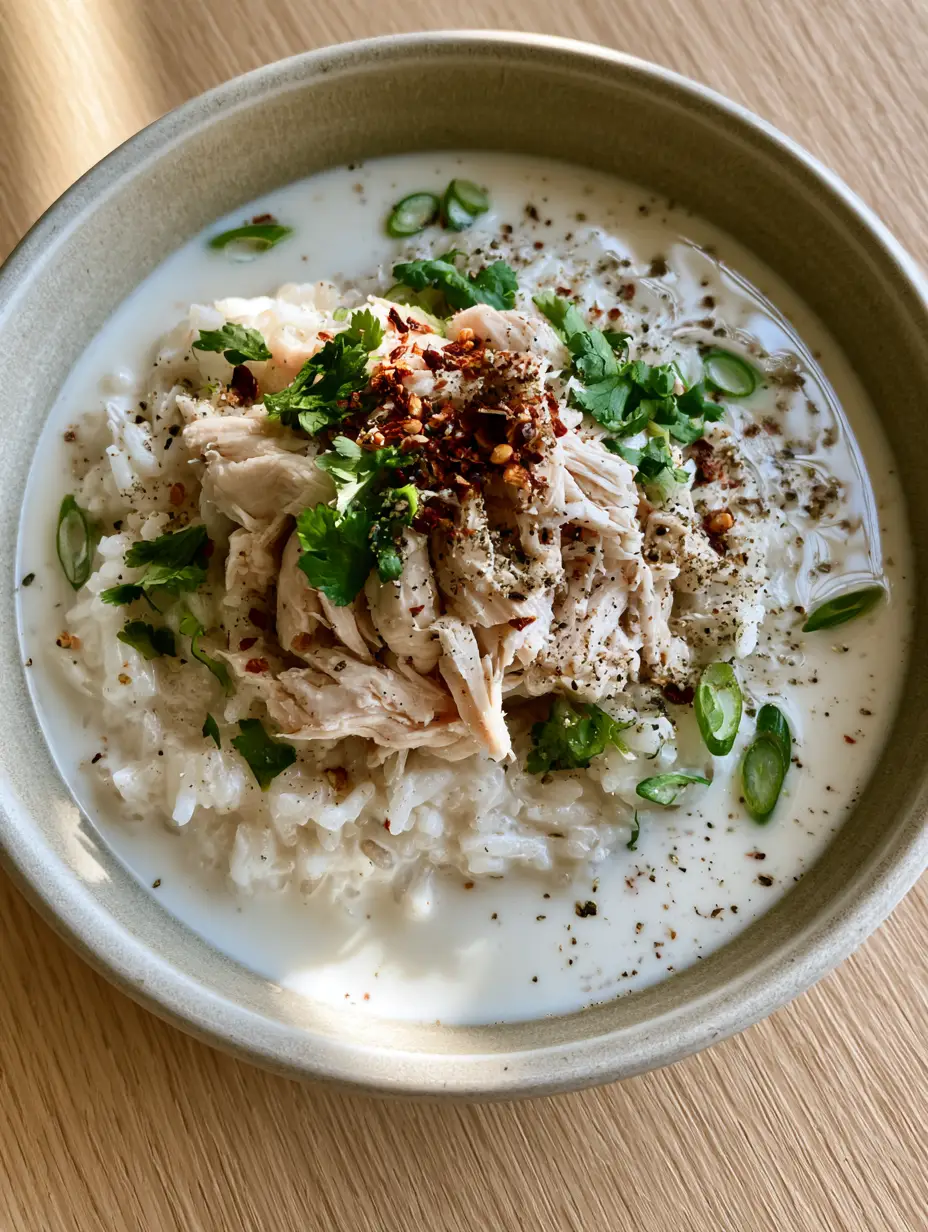 Coconut Chicken Brothy Rice: The Ultimate Creamy Comfort Bowl 4 Close up overhead shot of fluffy white rice submerged in creamy coconut broth with shredded poached chicken. (Coconut Chicken Brothy Rice)