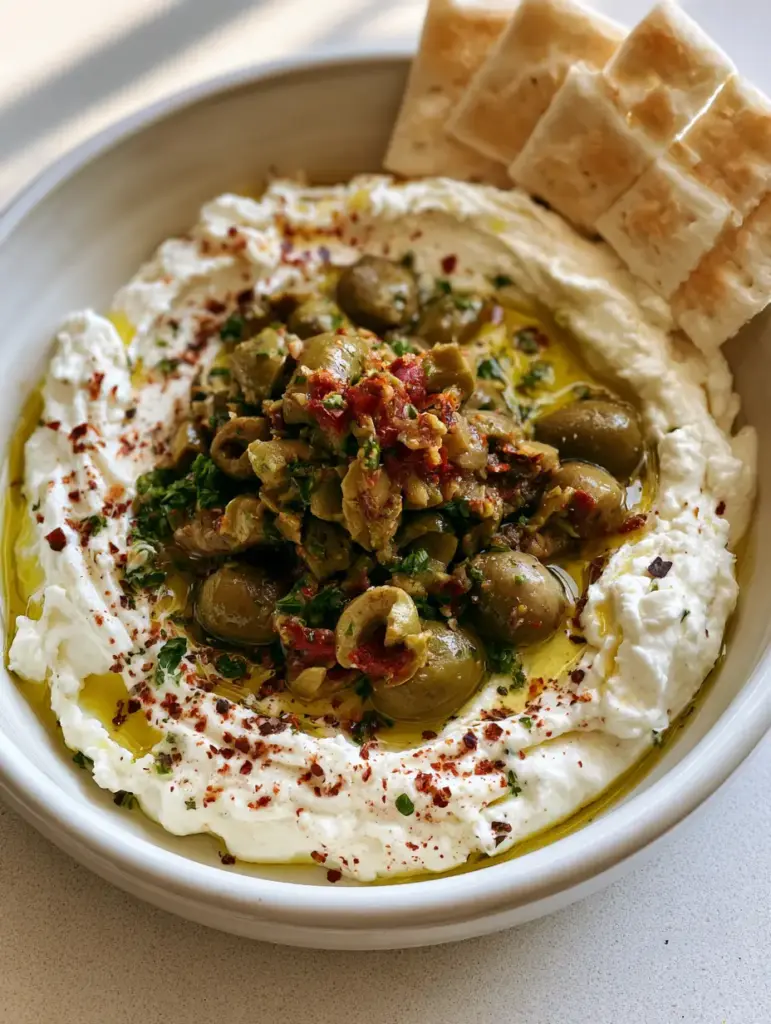 High-angle shot of Green Olive Dip featuring whipped pale-cream feta and a rustic pile of chopped green olives with a glossy oil drizzle.