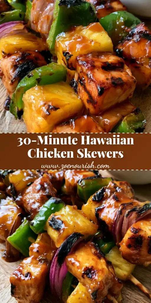 Hawaiian Chicken Kebabs with a Glossy Pineapple Glaze 3 Several wooden skewers loaded with charred Hawaiian Chicken Kebabs, vibrant green peppers, and red onions on a wood board with a small bowl of thick brown sauce.