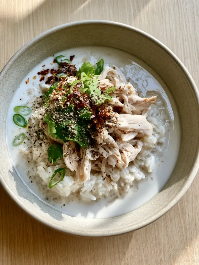 Coconut Chicken Brothy Rice: The Ultimate Creamy Comfort Bowl 1 Coconut Chicken Brothy Rice garnished with fresh green scallions and red chili flakes in a ceramic bowl on a light wood surface.