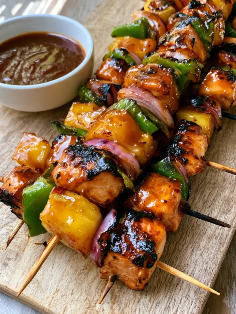 Hawaiian Chicken Kebabs with a Glossy Pineapple Glaze 2 Close-up of grilled Hawaiian Chicken Kebabs featuring charred chicken breast and caramelized pineapple chunks with a thick brown glaze.