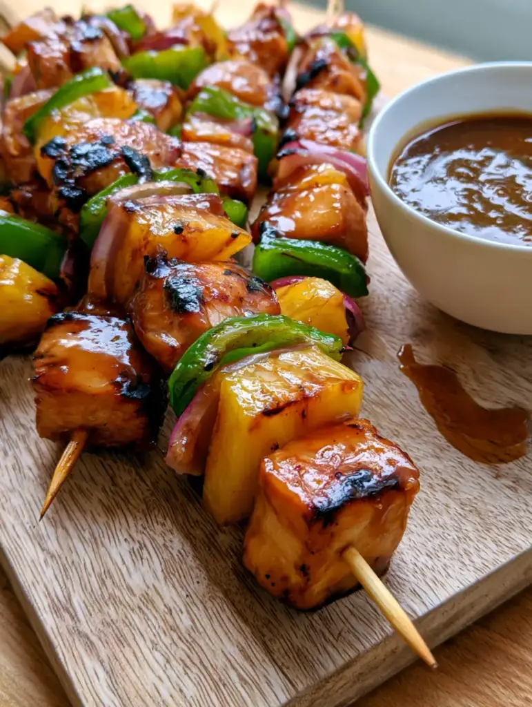 Hawaiian Chicken Kebabs with a Glossy Pineapple Glaze 1 Tightly packed skewers of Hawaiian Chicken Kebabs with softened red onion petals and green bell peppers on a rustic wooden board.