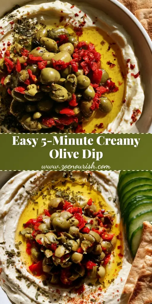 Creamy Feta and Green Olive Dip: The Ultimate Mediterranean Appetizer 4 A top-down shot of Creamy Feta and Green Olive Dip in a white bowl, topped with a mound of olives and peppers, served with cucumber and pita on a wooden table.