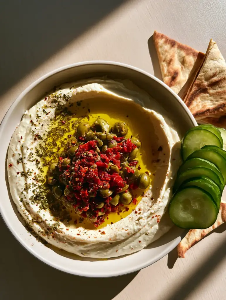Close-up of whipped feta base with a pool of olive oil and green olive toppings (Creamy Feta and Green Olive Dip).
