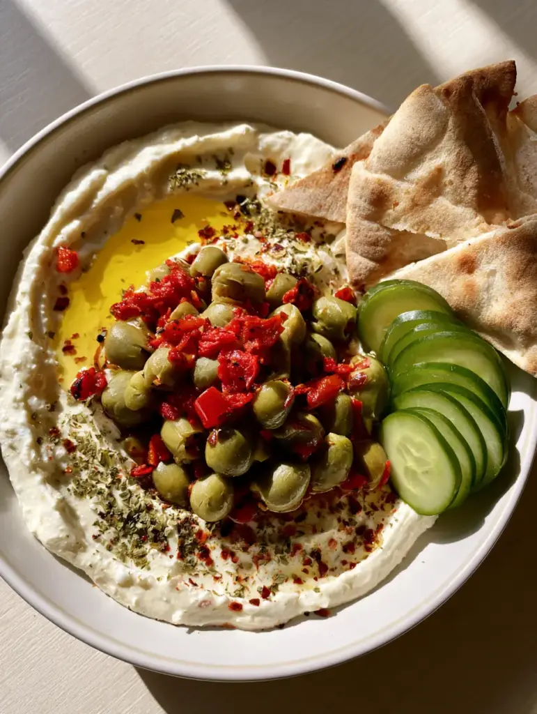 Creamy Feta and Green Olive Dip: The Ultimate Mediterranean Appetizer 1 Flat lay of the Creamy Feta and Green Olive Dip surrounded by fresh cucumber slices and toasted flatbread.