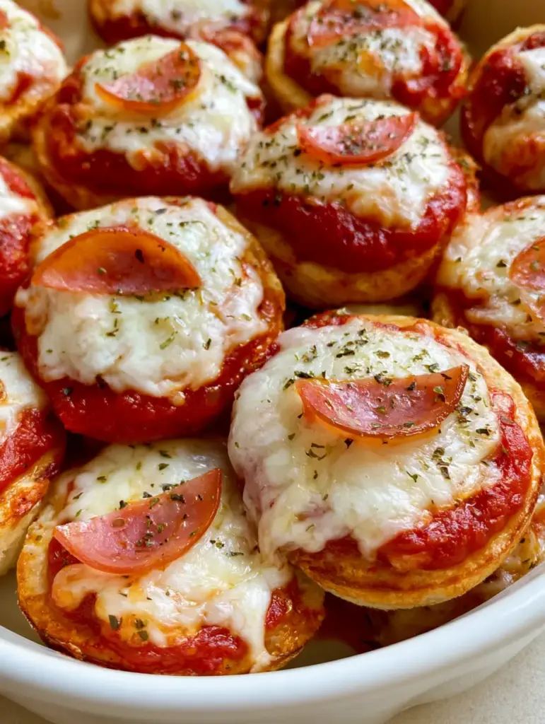 Top-down view of bite-sized Mini Pepperoni Pizzas crowded in a white ceramic baking dish.