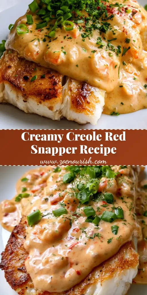 A pan-seared red snapper fillet on a white ceramic plate topped with thick pale-orange creole sauce and small shrimp, garnished with green onions. (Red Snapper with Creole Sauce)