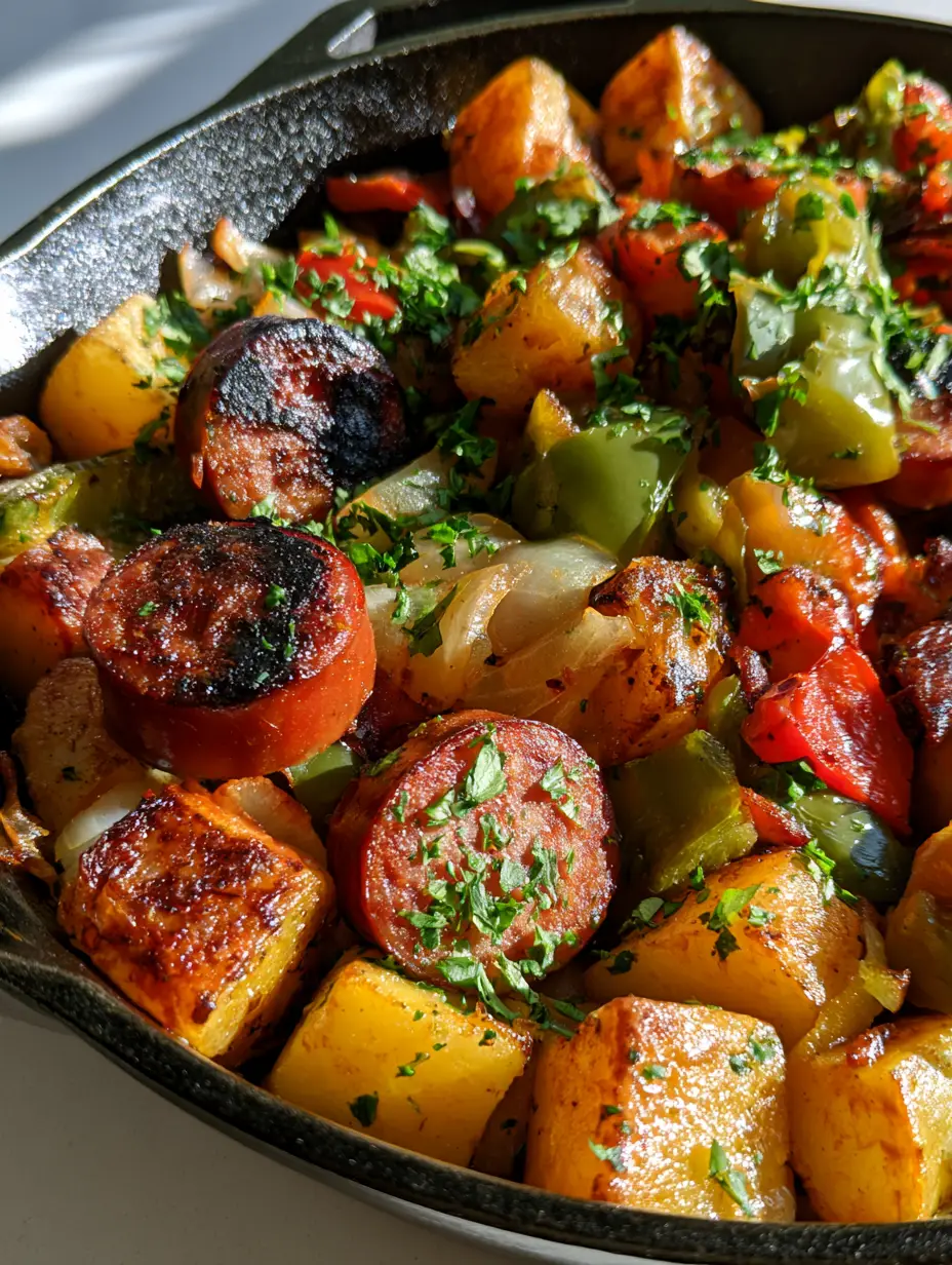 Smoked Sausage and Potato Skillet: The Ultimate One-Pan Comfort Meal 3 Close up shot of caramelized smoked sausage and crispy potatoes in a cast iron skillet. (Smoked Sausage and Potato Skillet)