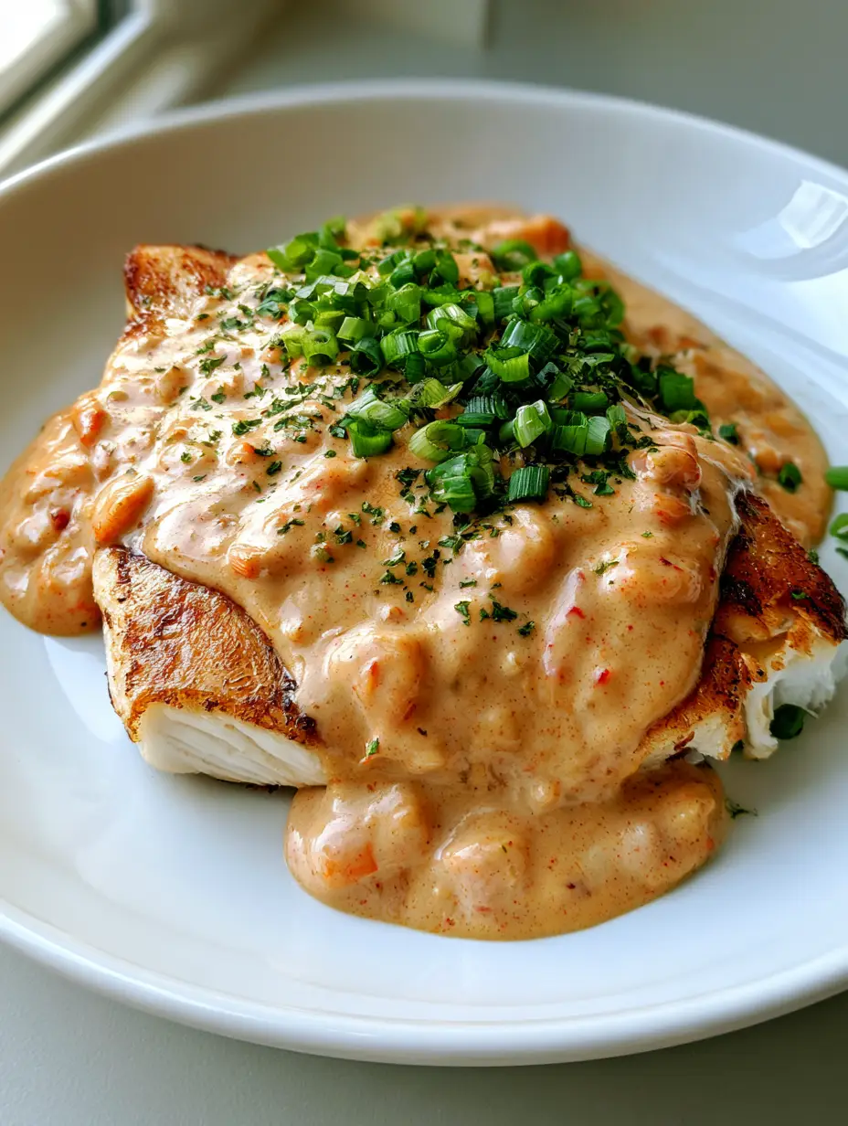 Close-up of a pan-seared red snapper with a golden crust and creamy orange sauce on a white plate. (Red Snapper with Creole Sauce)