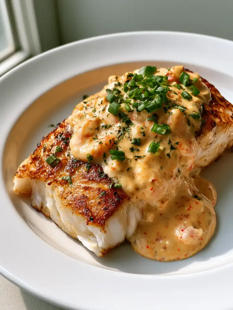 A smartphone photo showing the thick, glossy pale-orange creole sauce with visible small shrimp tails over red snapper.