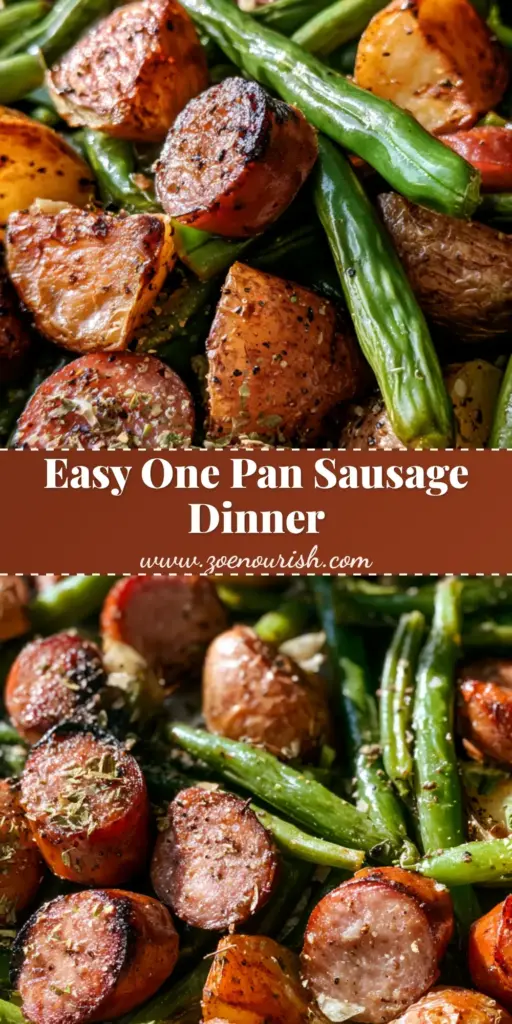 Sheet Pan Sausage and Potatoes: The Ultimate Crispy One-Pan Dinner 4 A metallic baking sheet filled with Sheet Pan Sausage and Potatoes featuring charred sausage rounds, crispy golden potato quarters, and blistered green beans.
