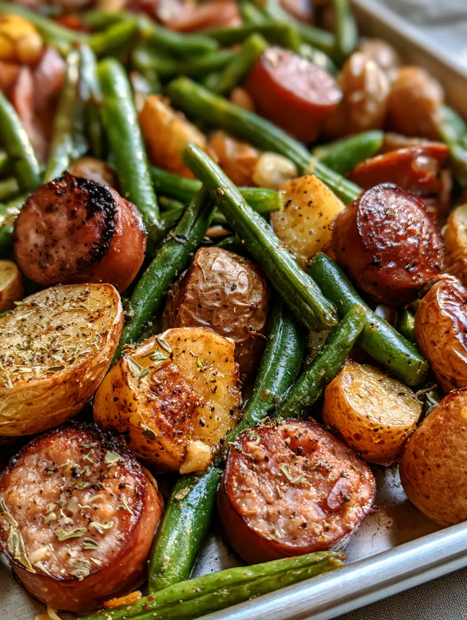 Sheet Pan Sausage and Potatoes: The Ultimate Crispy One-Pan Dinner 3 Close-up handheld smartphone photo of Sheet Pan Sausage and Potatoes showing charred edges and golden roasted textures in natural daylight.
