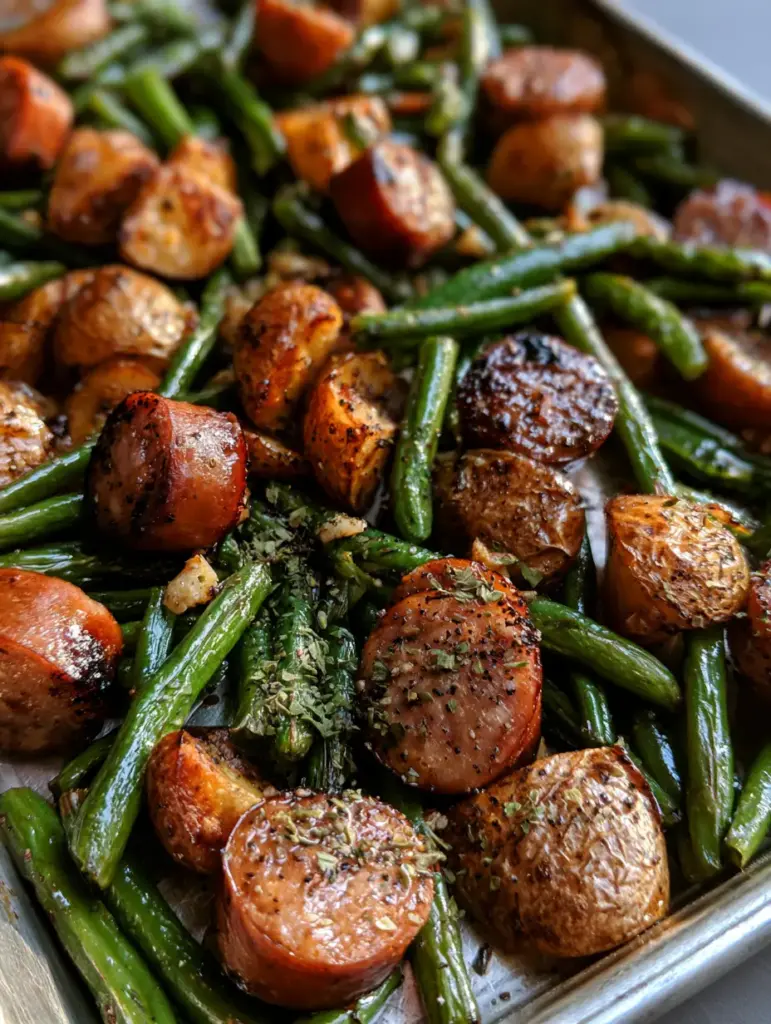 Sheet Pan Sausage and Potatoes: The Ultimate Crispy One-Pan Dinner 1 Authentic top-down view of roasted sausage and potatoes on a metallic sheet pan with visible oregano flakes and minced garlic bits.