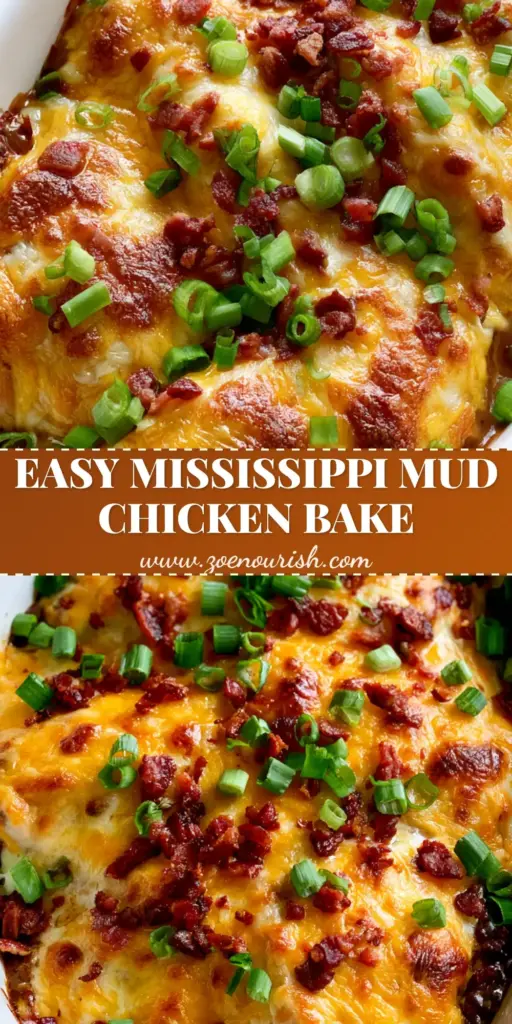 Mississippi Mud Chicken: The Ultimate Cheesy Bacon Bake 3 A bubbling white oval baking dish of Mississippi Mud Chicken topped with melted golden-brown cheddar, mozzarella, crispy bacon crumbles, and fresh green onions.