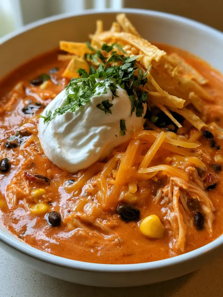 Chicken Enchilada Soup: The Ultimate Creamy One-Pot Recipe 2 Close up of vibrant orange-red Chicken Enchilada Soup broth with shredded chicken and black beans.