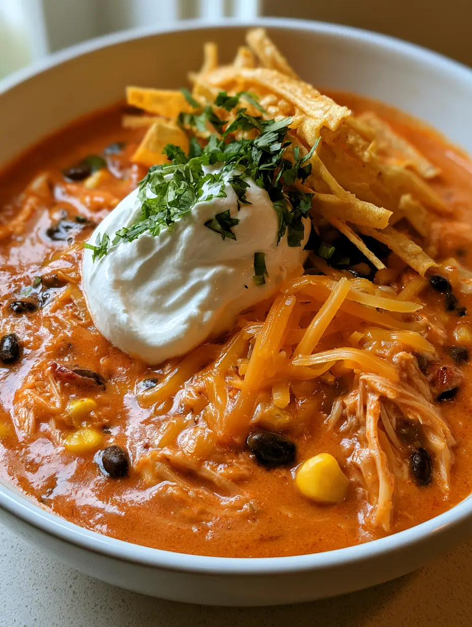 Chicken Enchilada Soup: The Ultimate Creamy One-Pot Recipe 4 Close up of vibrant orange-red Chicken Enchilada Soup broth with shredded chicken and black beans.