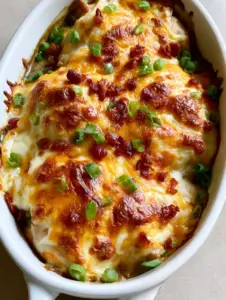 Succulent cooked chicken breasts smothered in dark savory cream sauce and melted cheese in a ceramic dish. (Mississippi Mud Chicken)