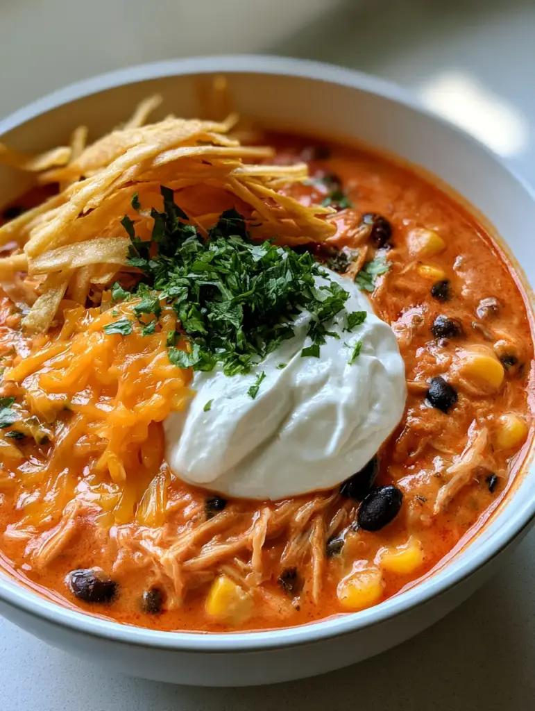 Chicken Enchilada Soup: The Ultimate Creamy One-Pot Recipe 1 Bowl of Chicken Enchilada Soup garnished with fresh cilantro and golden tortilla strips in natural daylight.