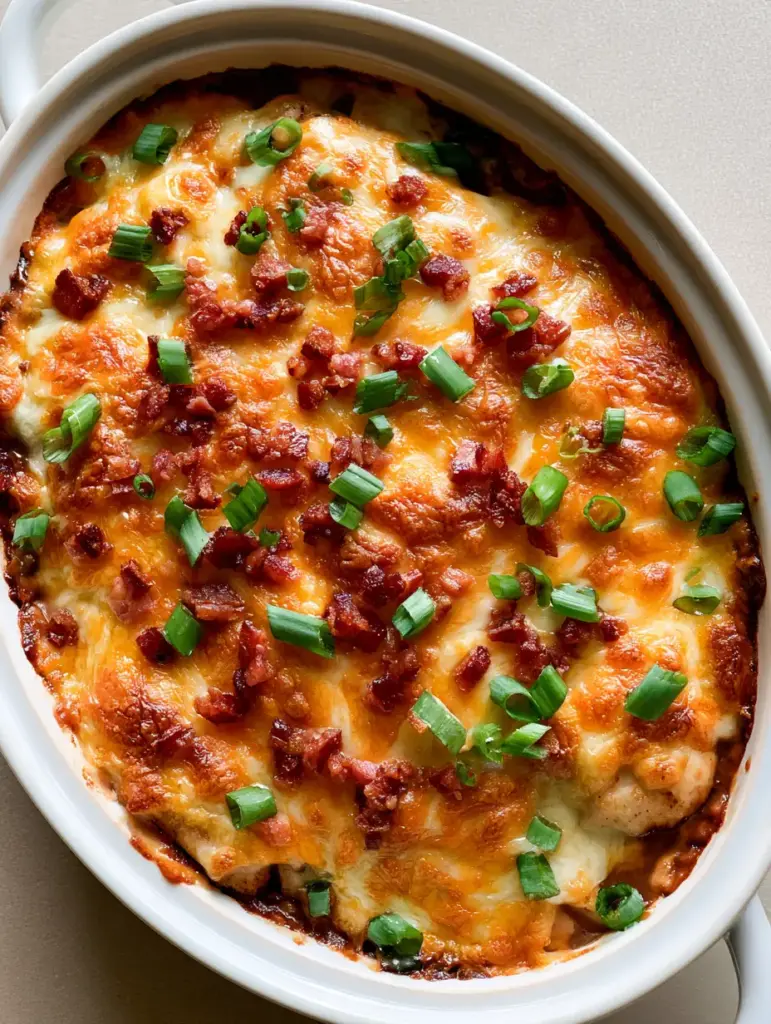 Mississippi Mud Chicken: The Ultimate Cheesy Bacon Bake 1 Overhead view of Mississippi Mud Chicken with bubbling sauce and a generous garnish of scallions and bacon.
