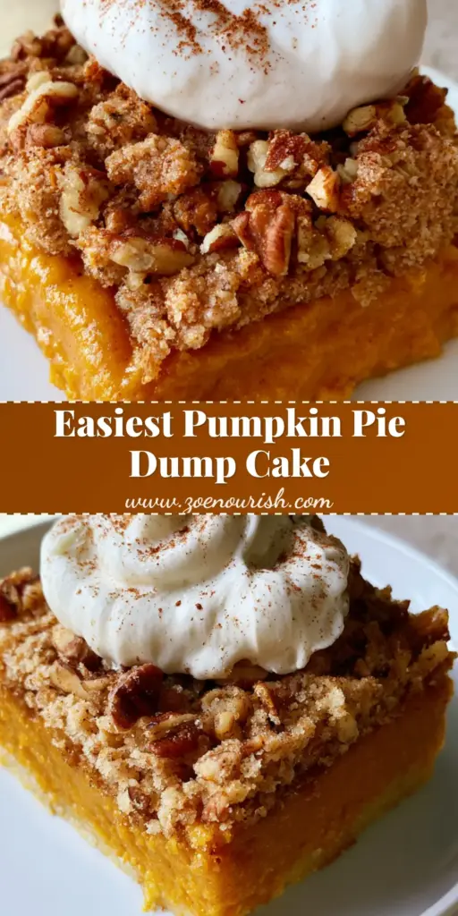 Pumpkin Pie Dump Cake: The Easiest Fall Dessert Recipe 3 A close-up vertical shot of a Pumpkin Pie Dump Cake slice showing a smooth orange custard layer and a buttery pecan crumble topping.
