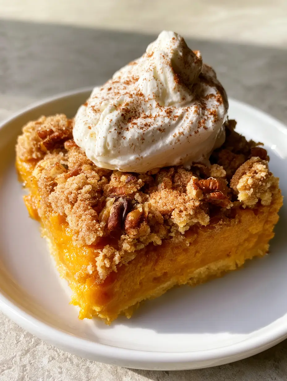 Pumpkin Pie Dump Cake: The Easiest Fall Dessert Recipe 4 A single square slice of Pumpkin Pie Dump Cake with whipped cream and cinnamon on a white plate.