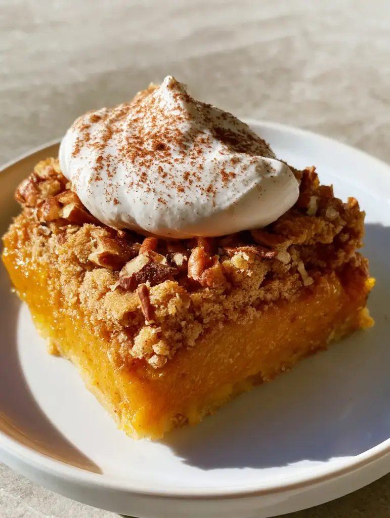 Pumpkin Pie Dump Cake: The Easiest Fall Dessert Recipe 1 Close up of the golden-brown buttery yellow cake mix crumble and toasted pecans on top of the pumpkin cake.