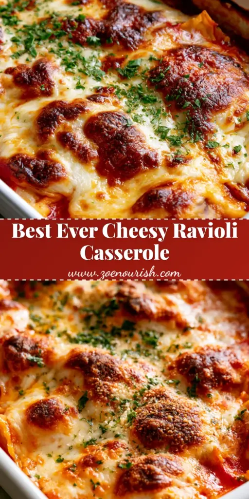 Ravioli Casserole: The Ultimate Cheesy Baked Comfort Food 4 A close-up of a Ravioli Casserole in a white ceramic dish with melted mozzarella and golden charred patches.