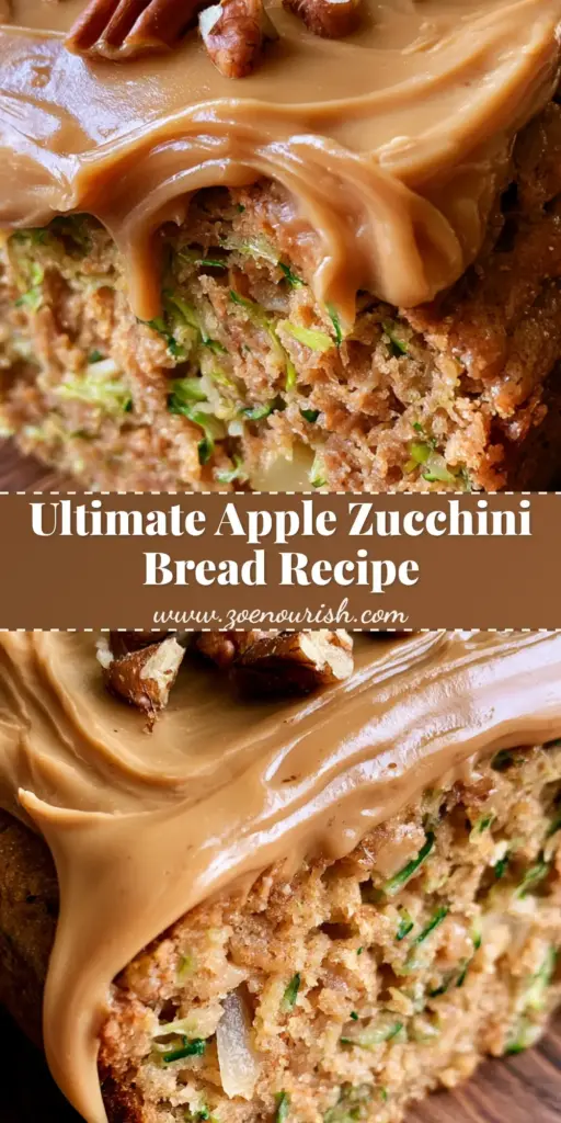 Apple Zucchini Bread with Thick Brown Sugar Frosting 4 A tall Pinterest pin image of Apple Zucchini Bread with thick brown sugar frosting and toasted pecans on a rustic wooden board.