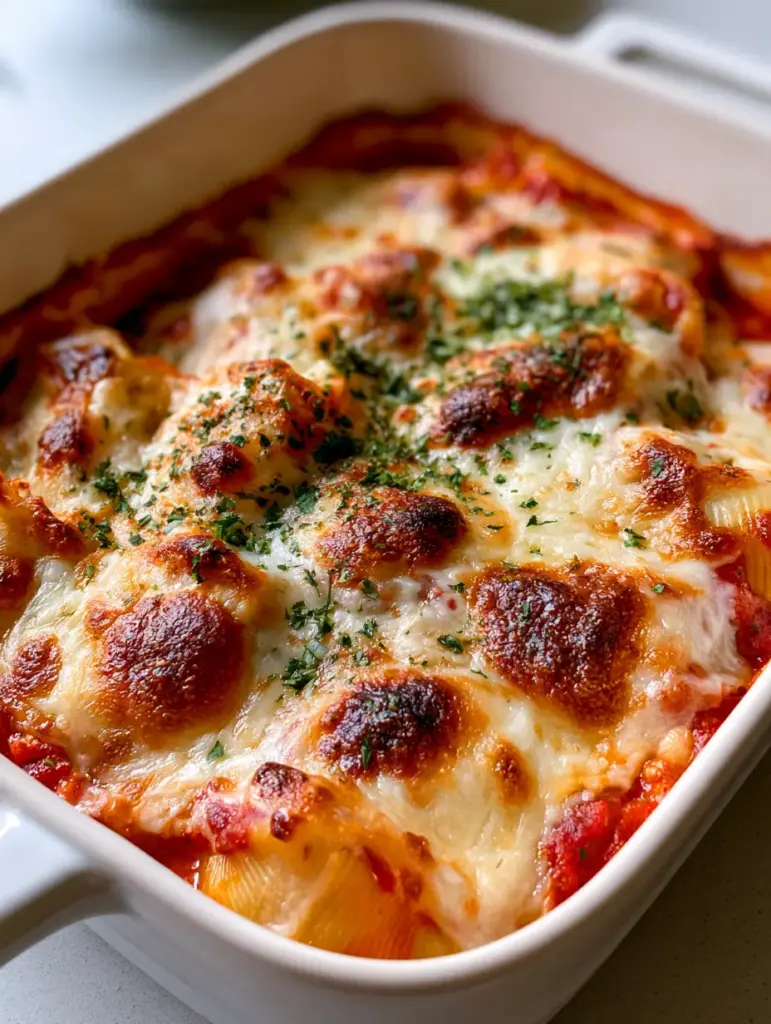 Ravioli Casserole: The Ultimate Cheesy Baked Comfort Food 2 Overhead shot of baked cheese ravioli in a white rectangular dish with rich red marinara sauce. (Ravioli Casserole)