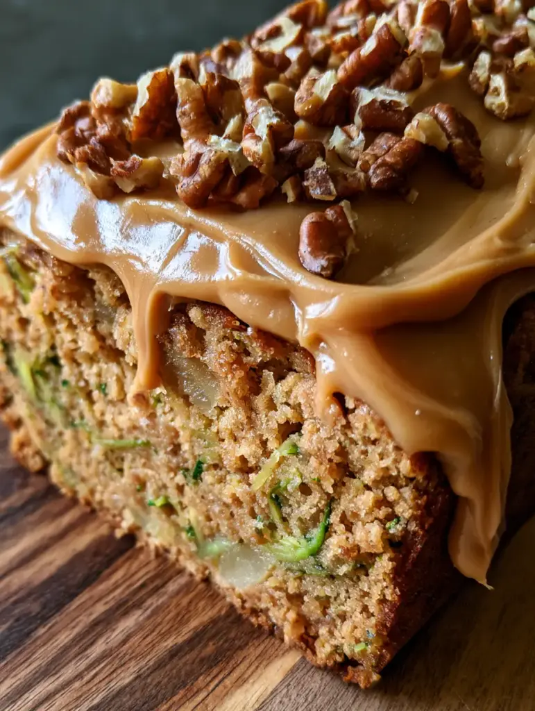 Close-up of Apple Zucchini Bread showing visible green zucchini shreds and translucent apple chunks in the crumb.