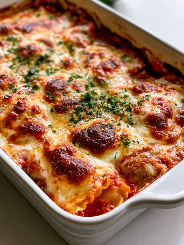 Ravioli Casserole: The Ultimate Cheesy Baked Comfort Food 1 Close-up of melted cheese and fresh parsley on top of a Ravioli Casserole.