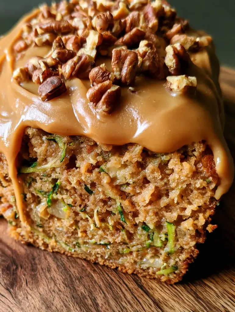 Apple Zucchini Bread with Thick Brown Sugar Frosting 1 A sliced loaf of Apple Zucchini Bread with thick caramel-tan frosting dripping down the sides, resting on dark wood.