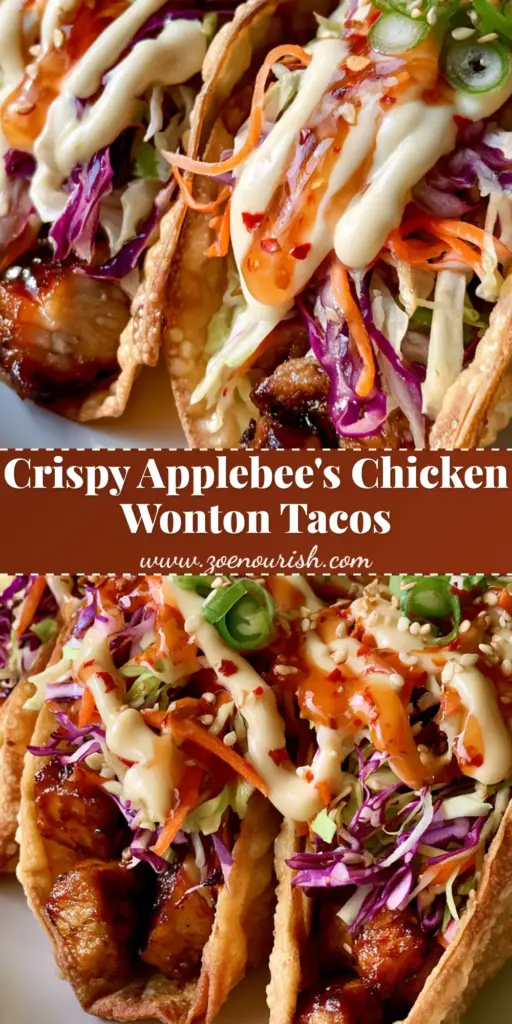 Applebee's Chicken Wonton Tacos: The Ultimate Copycat Recipe 4 Three crispy golden-brown Applebee's Chicken Wonton Tacos filled with soy-glazed chicken and colorful slaw on a white plate.