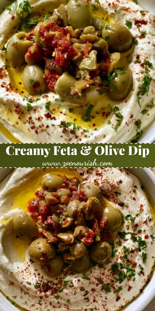 Green Olive Dip with Whipped Feta and Pimento 3 A close-up of a white bowl containing Green Olive Dip with a whipped feta base, topped with chopped pimento-stuffed olives and fresh parsley, served with rectangular crackers.