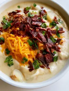 Thick and creamy Loaded Potato Soup showing the velvety ivory broth base and vibrant orange cheddar cheese toppings.