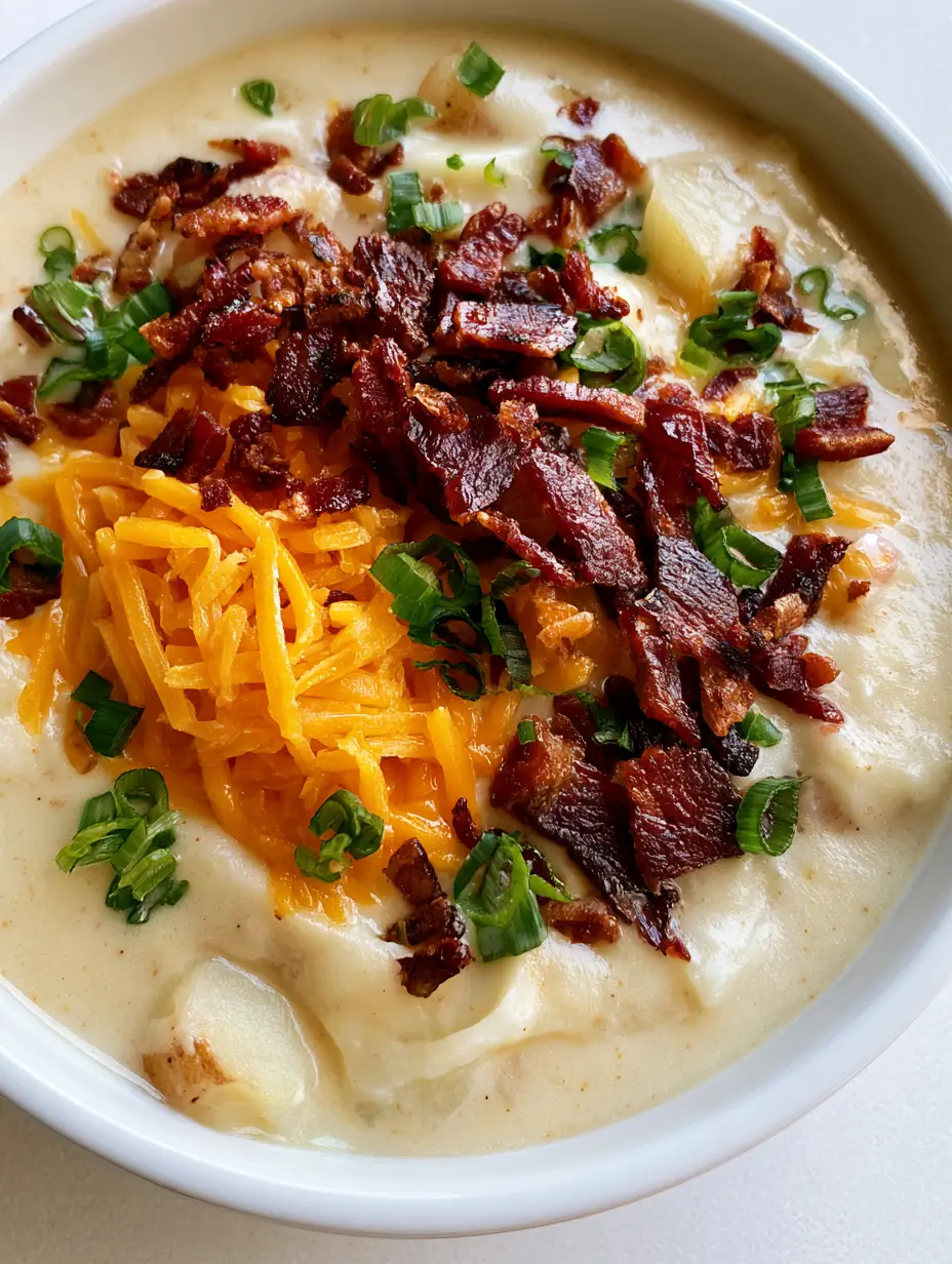 Loaded Potato Soup: The Ultimate Creamy Comfort Food 4 Thick and creamy Loaded Potato Soup showing the velvety ivory broth base and vibrant orange cheddar cheese toppings.